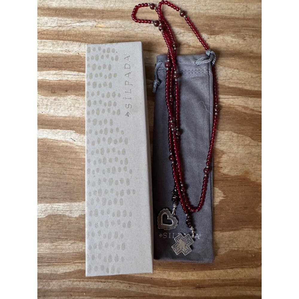 Silpada Garnet Lariat Cross & Heart Pendant Necklace With Box & Pouch